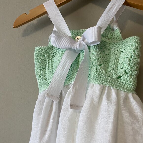 Handmade Baby Size 3 Months Green White Cotton Crochet Linen Bow Dress - Picture 11 of 14